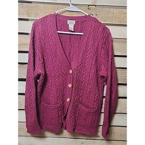 LL Bean Women Size Large V-neck Sweater Cardigan Cable Knit Red/pink Color